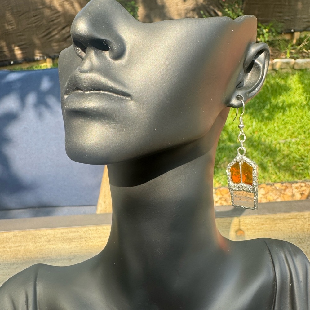 Amber & Clear Stained Glass Dangle Artisan Earrings W/ Silver Solder & 925 Hooks - Picture 4 of 16